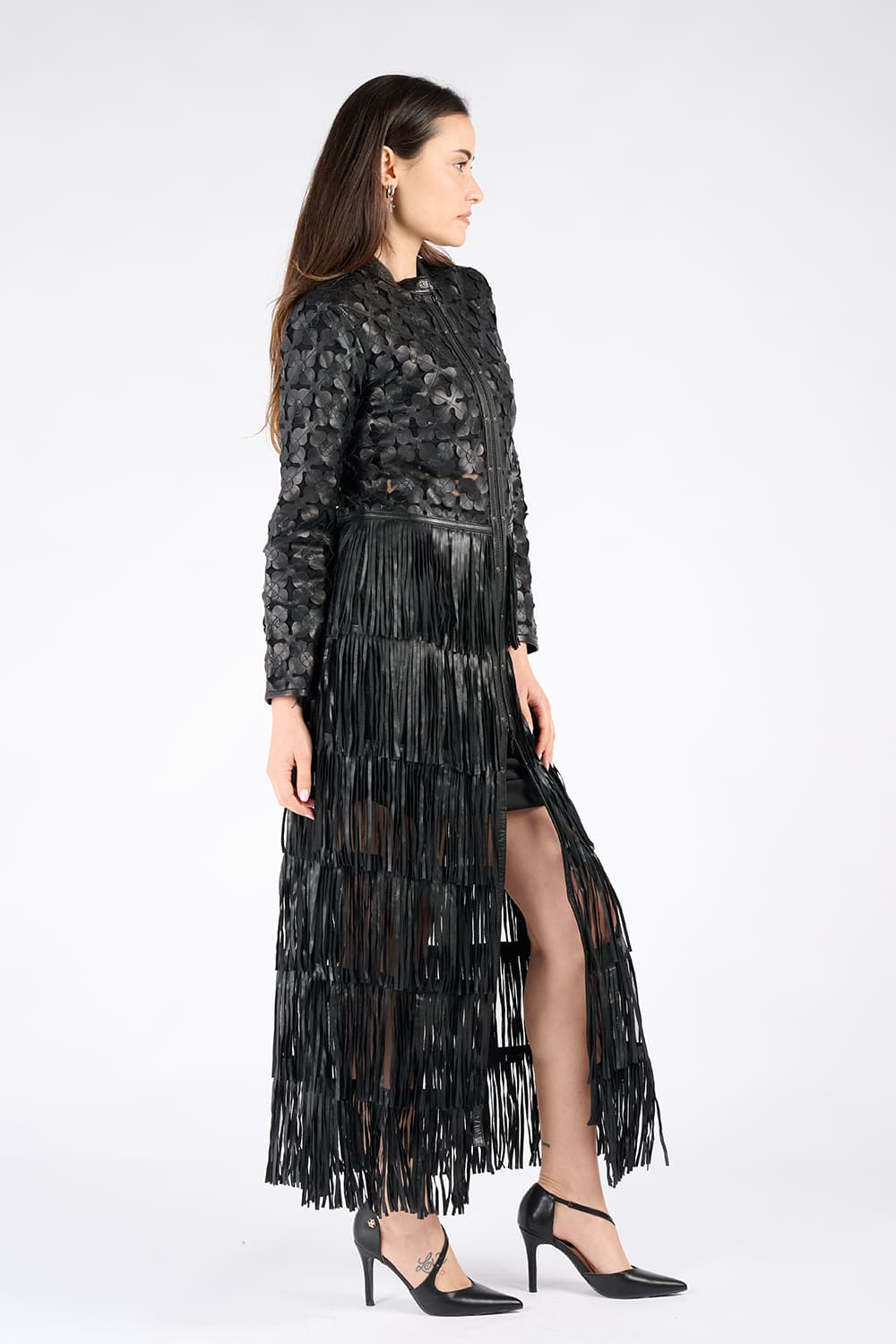 Giacca Fiori e Frange Lunga donna 100% vera pelle Made in Italy - Barone Firenze