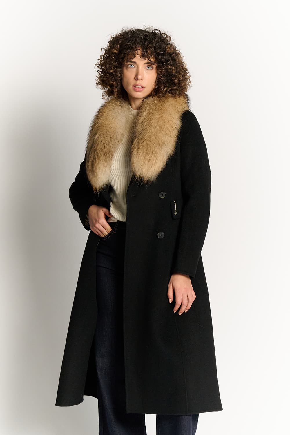 Black Coat with Fur Collar woman Barone firenze - 1