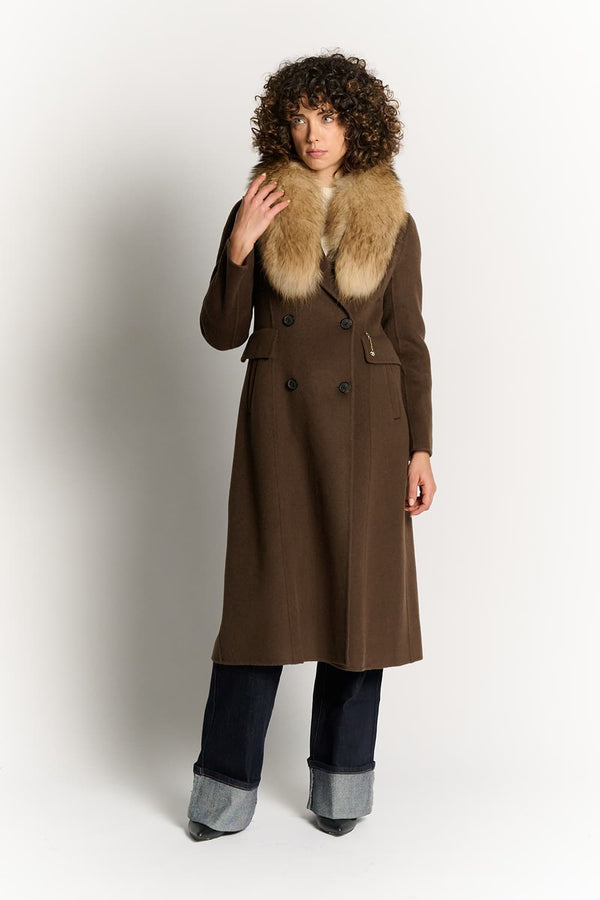 Chocolate Coat with Fur Collar woman Barone firenze