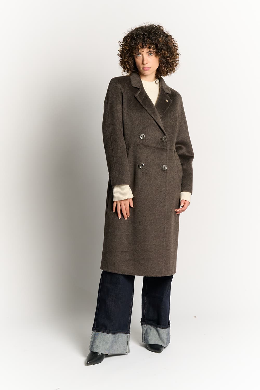 Taupe Double-Breasted Alpaca Coat woman Barone firenze - 3