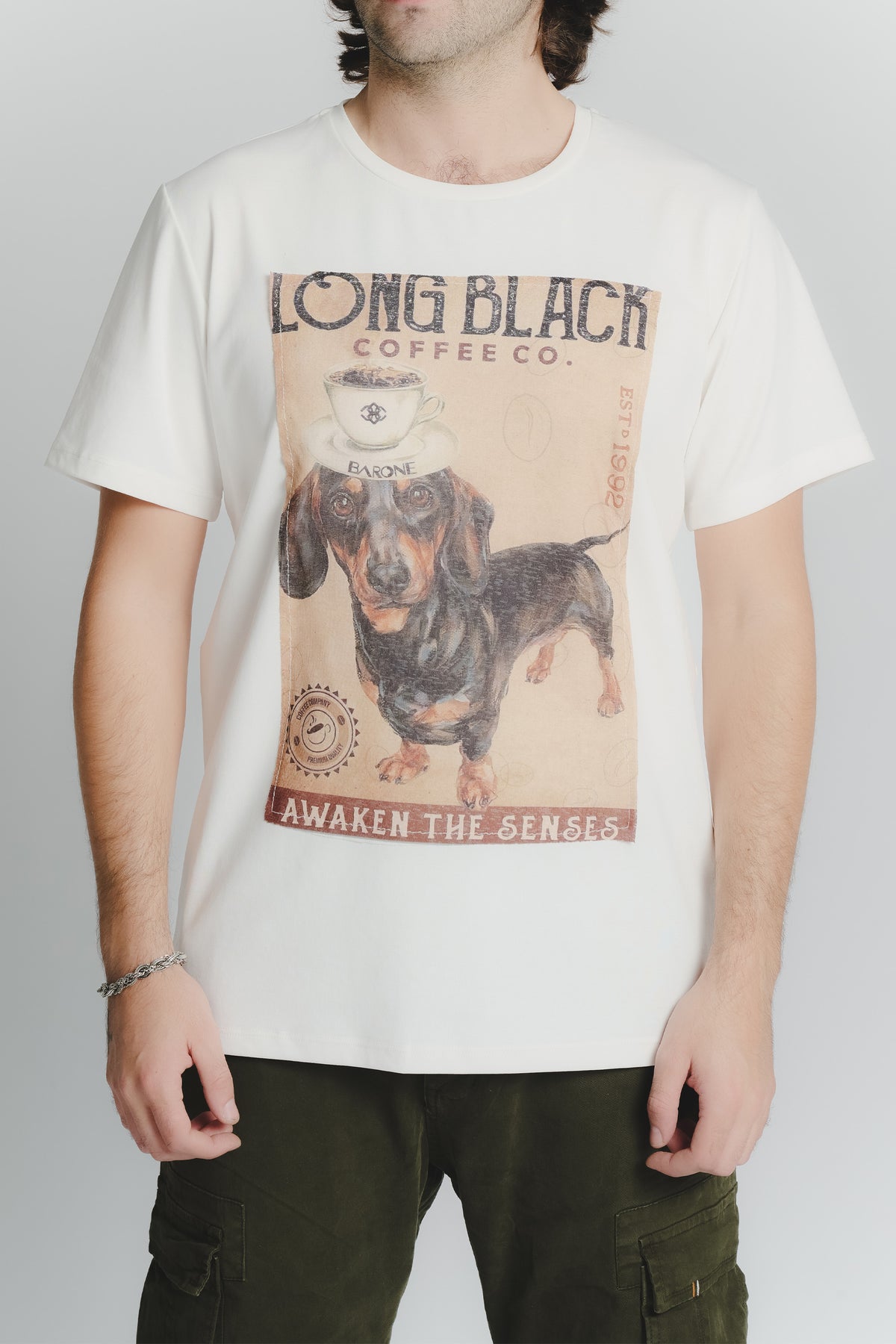 T-Shirt Uomo Stampa Bassotto Bianco man Barone firenze - 1