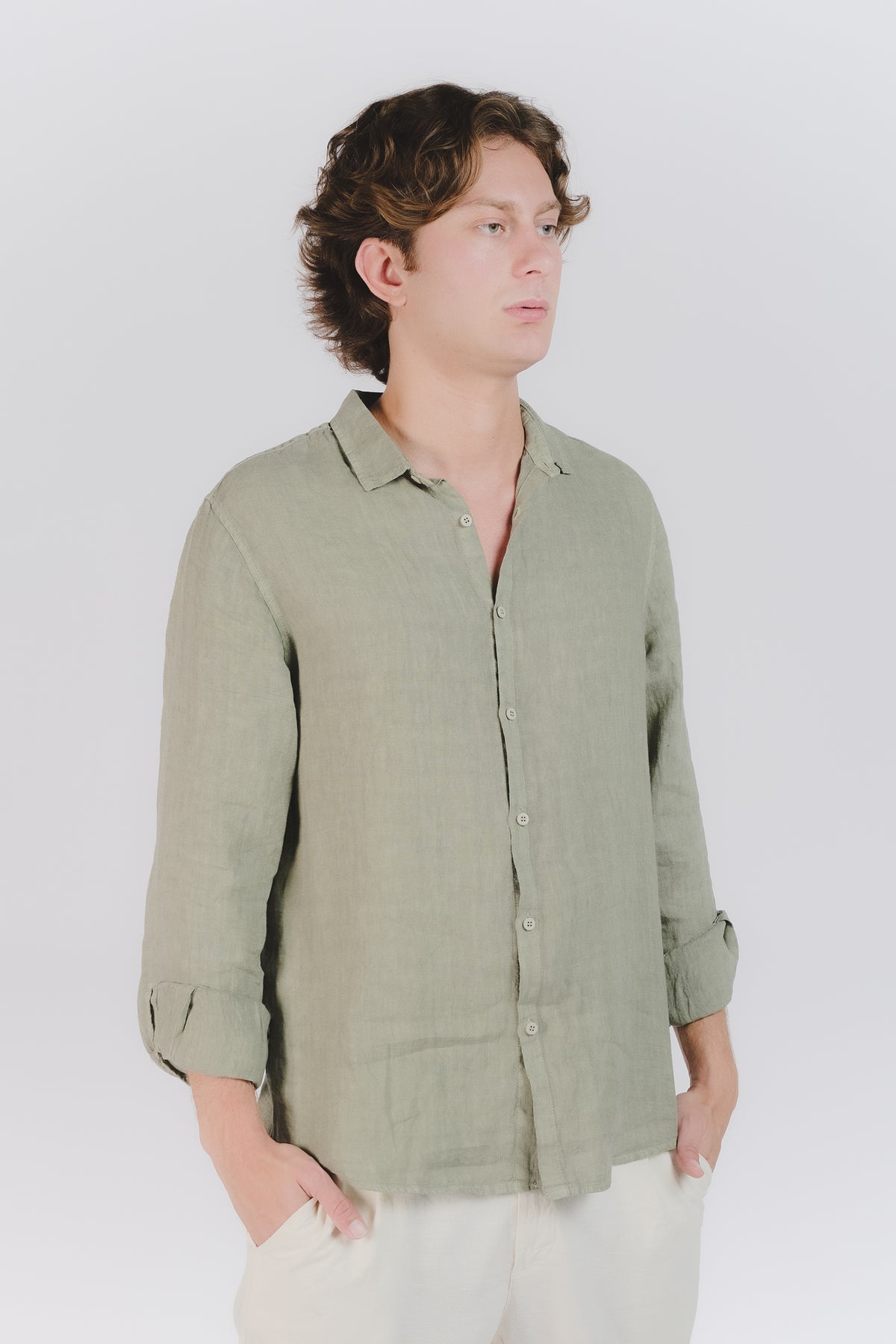 Camicia Uomo Lino Verde Militare man Barone firenze - 3