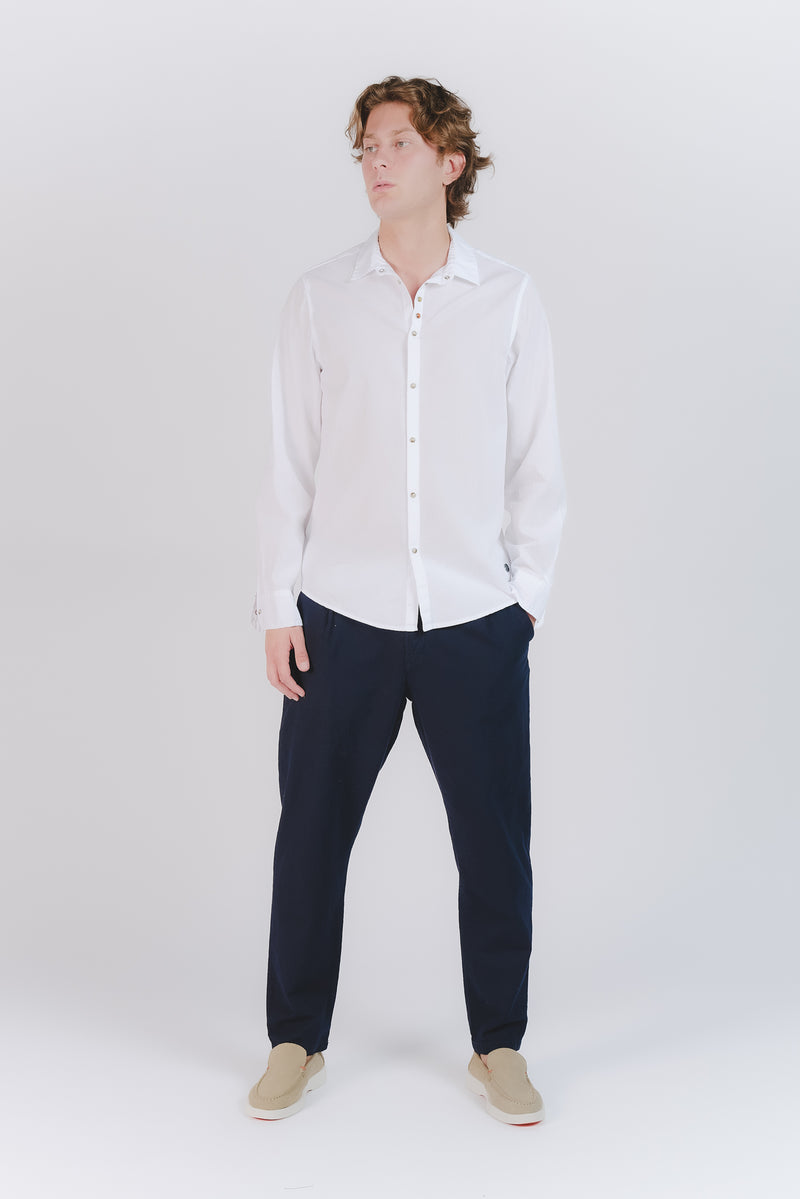 Pantaloni Lino con Bottone Blu man Barone firenze - 2