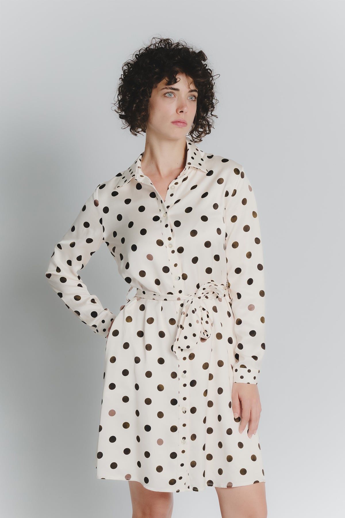 Abito Chemisier Corto a Pois Avorio Testa di Moro Donna woman Barone firenze - 1