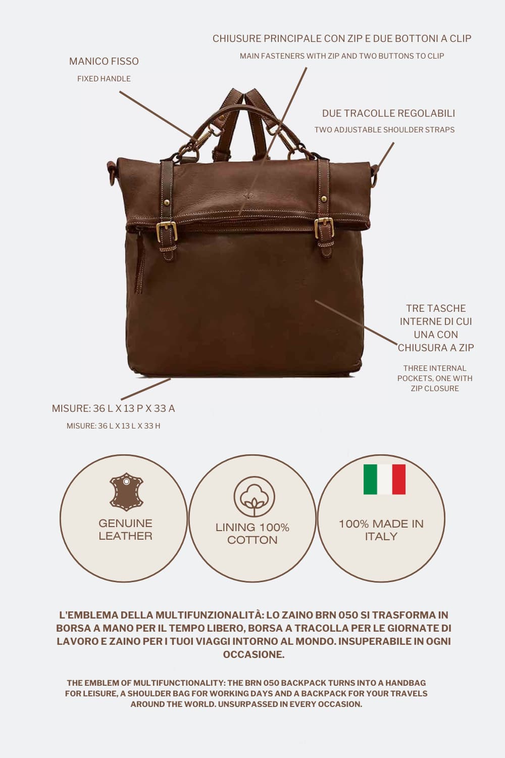 Brn Backpack - 050 Men unisex Barone firenze - 9