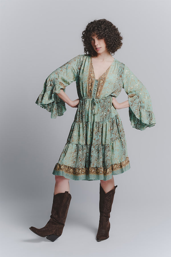 Turquoise Gipsy Short V-Neck Dress woman Barone firenze