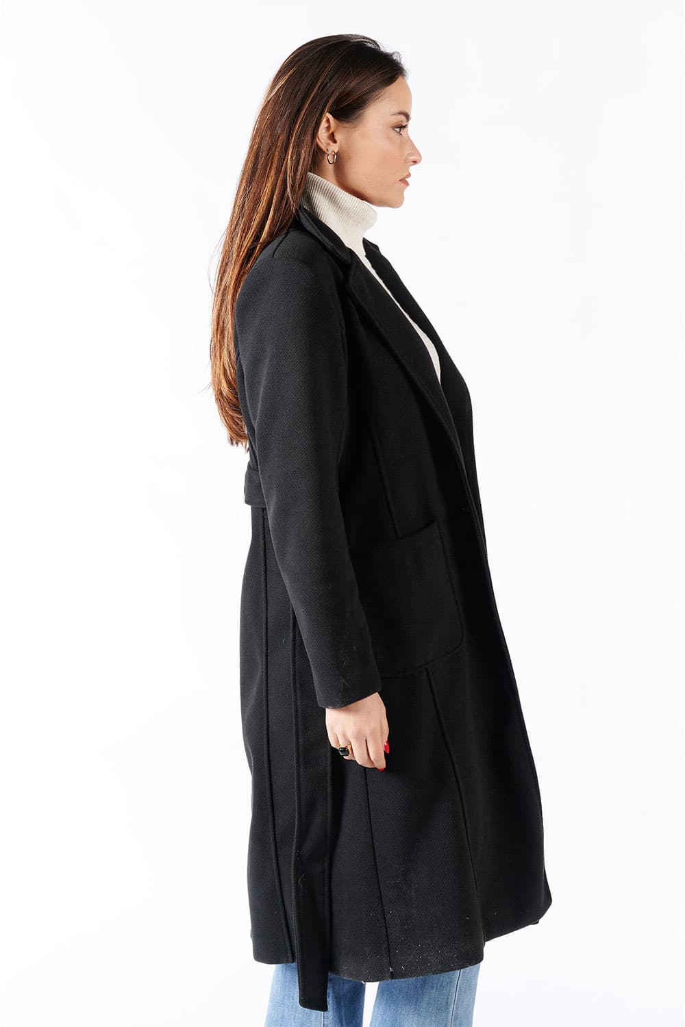 Long Black Coat With Belt donna Barone firenze - 4
