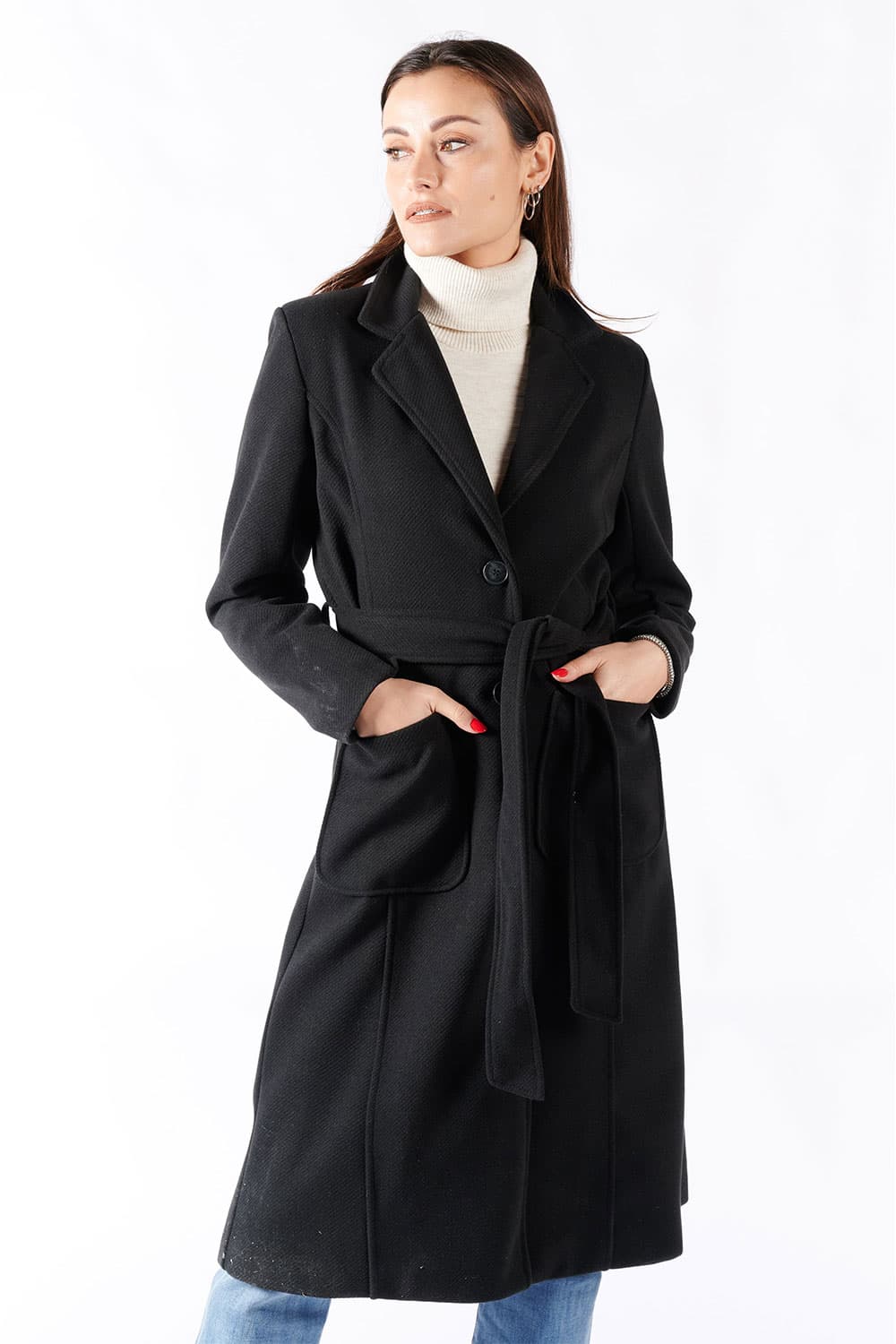 Long Black Coat With Belt donna Barone firenze - 1