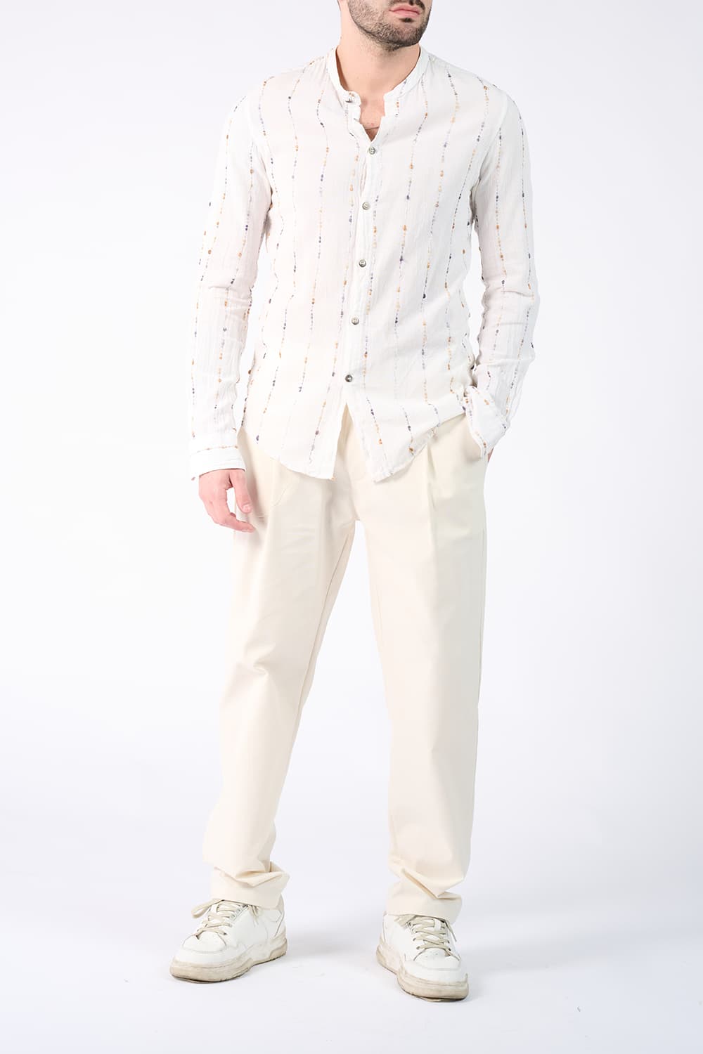 Korean Collar Shirt in Textured Cotton  Barone firenze - 2