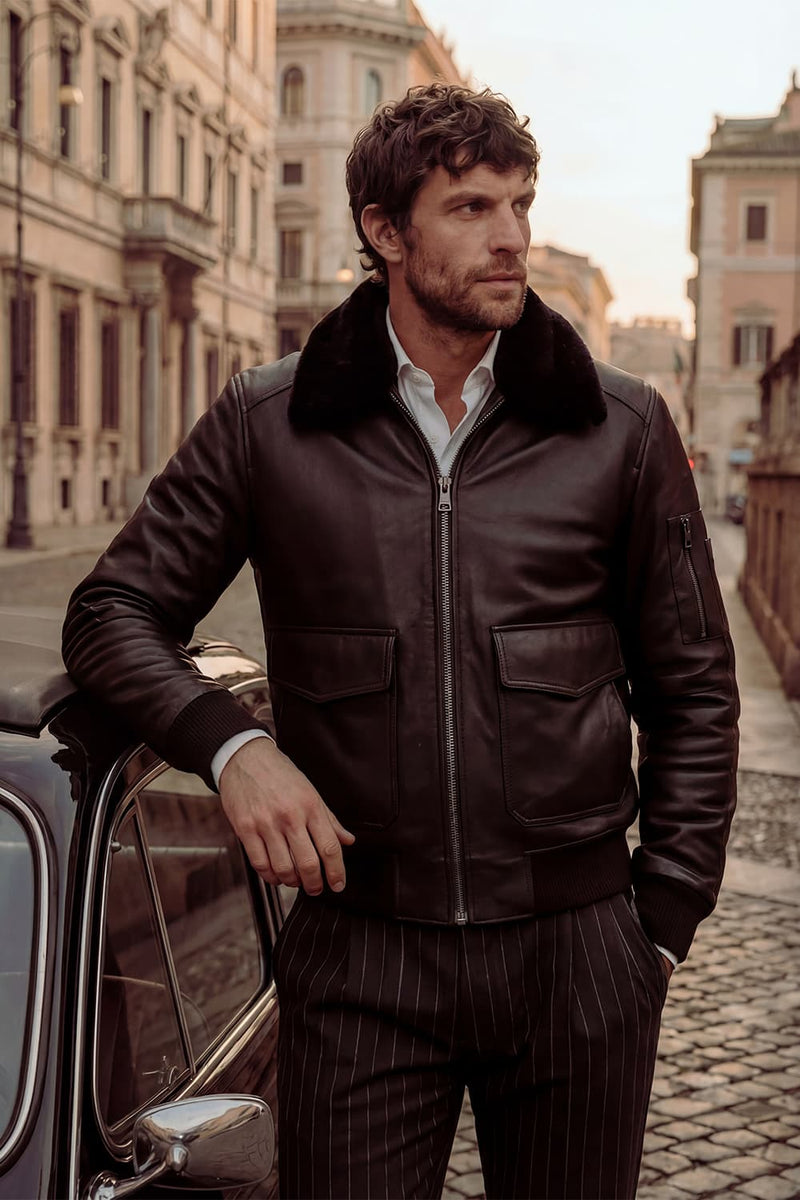 Aviator Black Leather Jacket uomo Barone firenze - 1