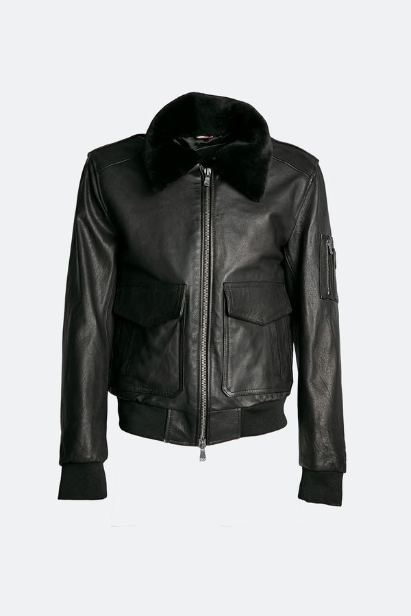 Aviator Black Leather Jacket uomo Barone firenze