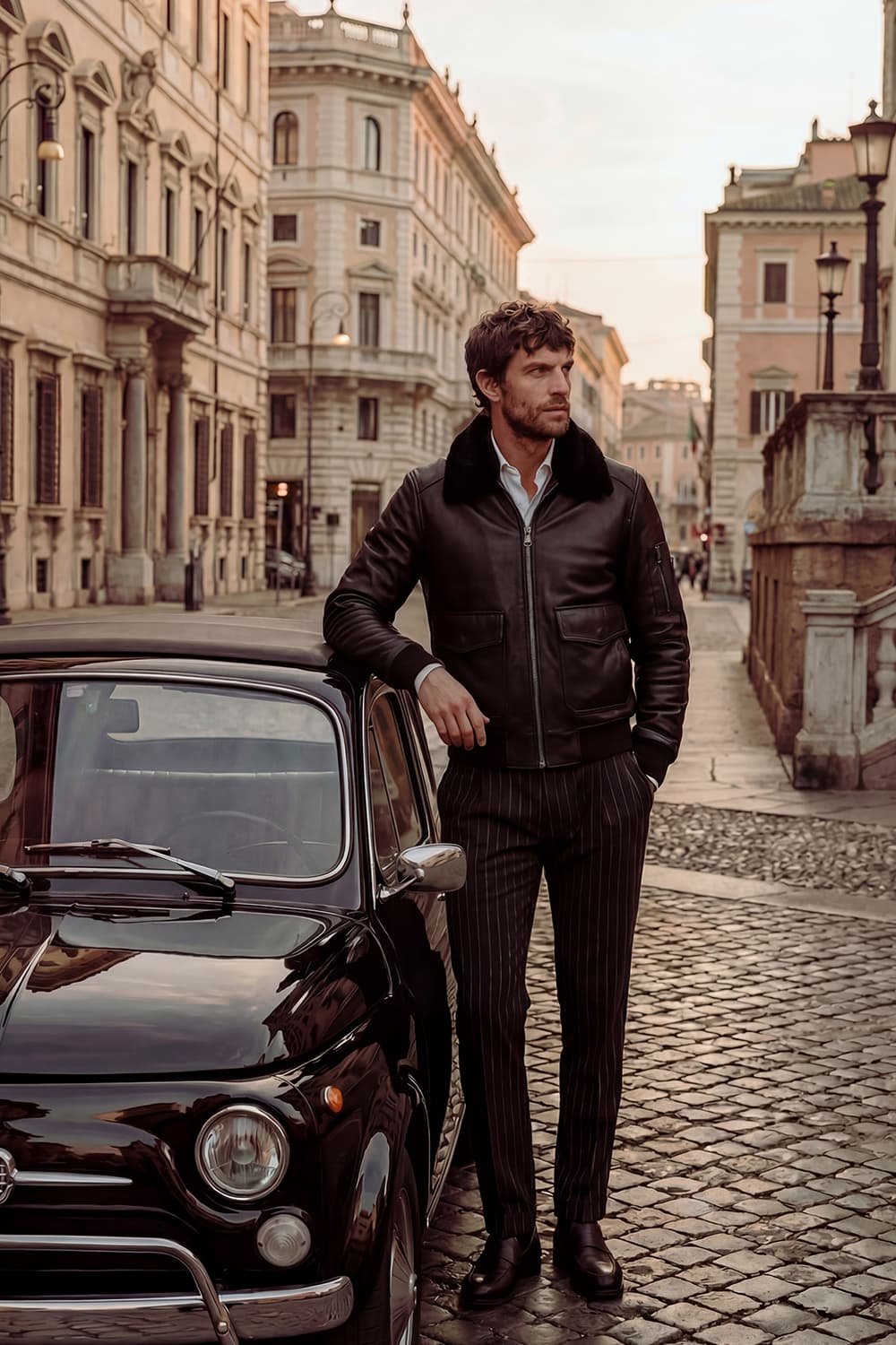 Aviator Black Leather Jacket uomo Barone firenze - 8