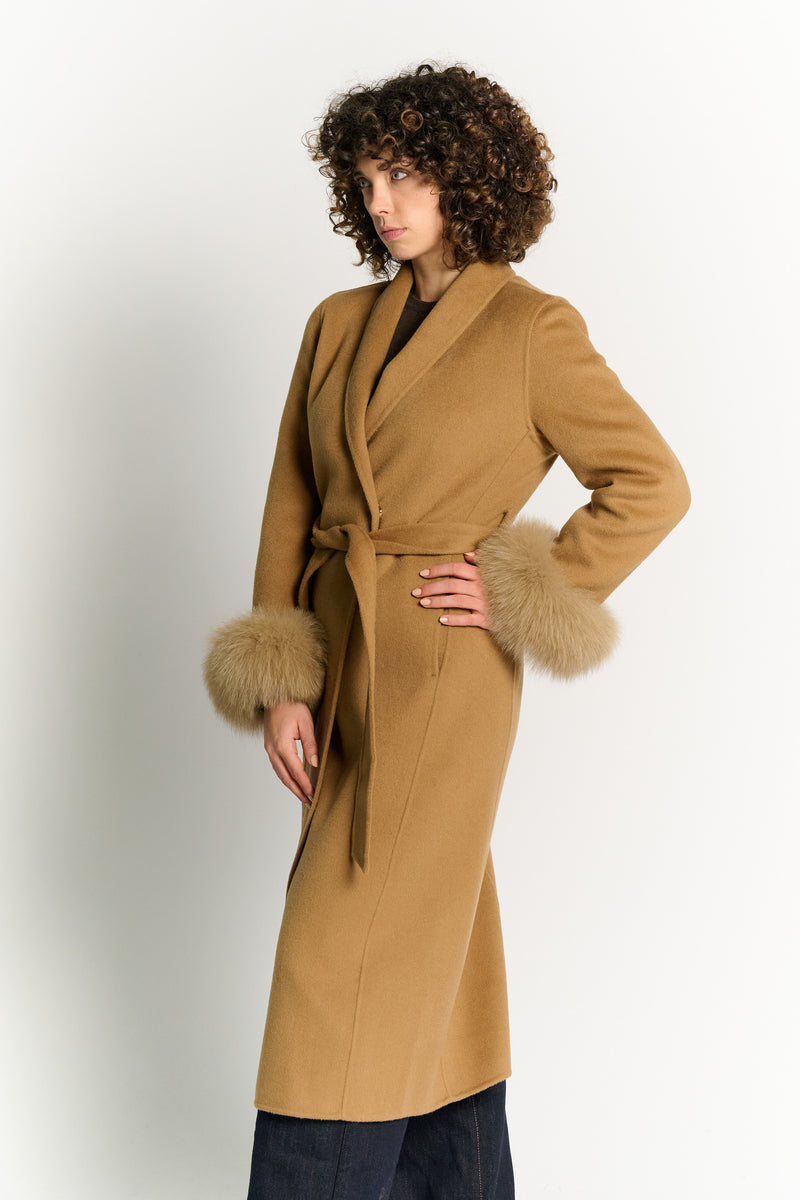 Cappotto Lungo Con Cintura e Manicotti Cammello woman Barone firenze - 3