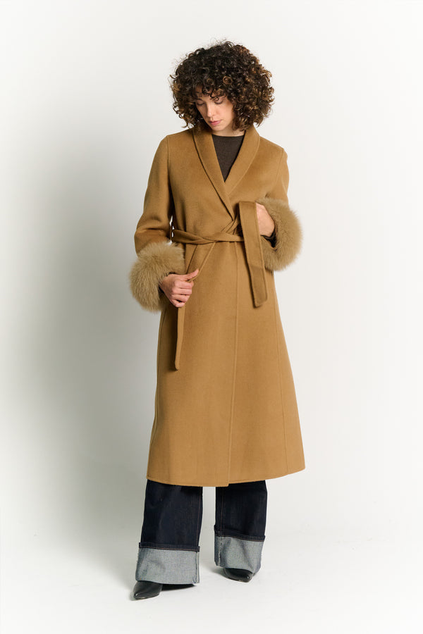 Cappotto Lungo Con Cintura e Manicotti Cammello woman Barone firenze