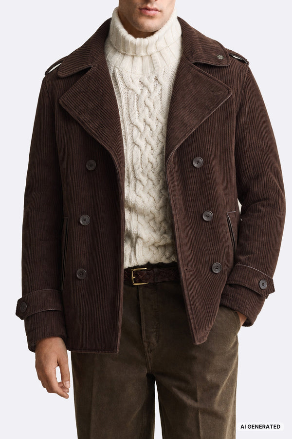 Cappotto Doppio Petto Uomo a Costine Misto Lana Cioccolato man Barone firenze