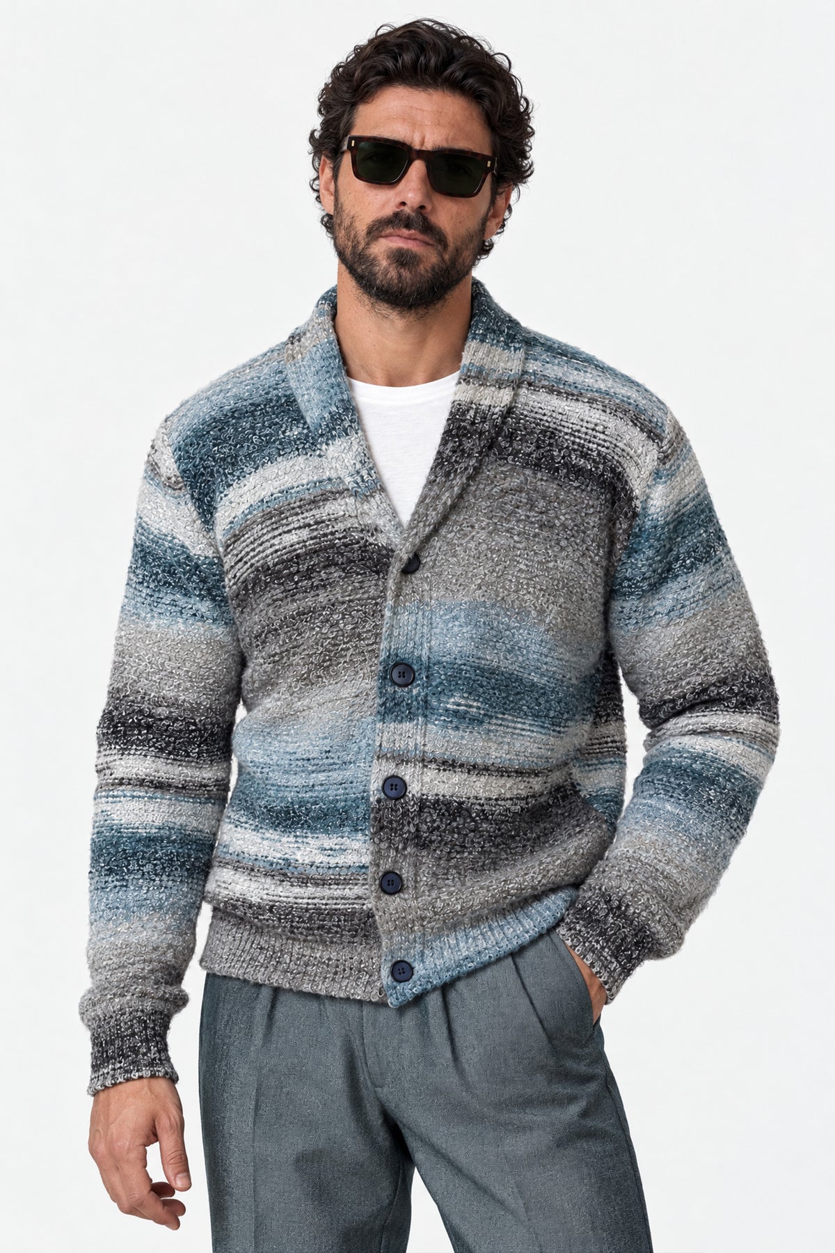 Cardigan Mélange Grigio Denim da Uomo man Barone firenze - 3