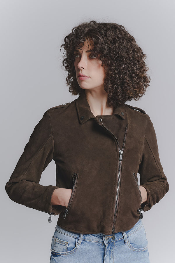 Women's Suede Biker Jacket Dark Brown woman Barone firenze