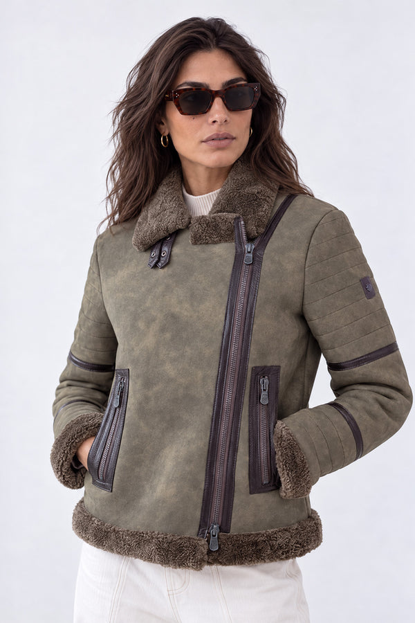 Chiodo Shearling Style Donna Verde woman Barone firenze
