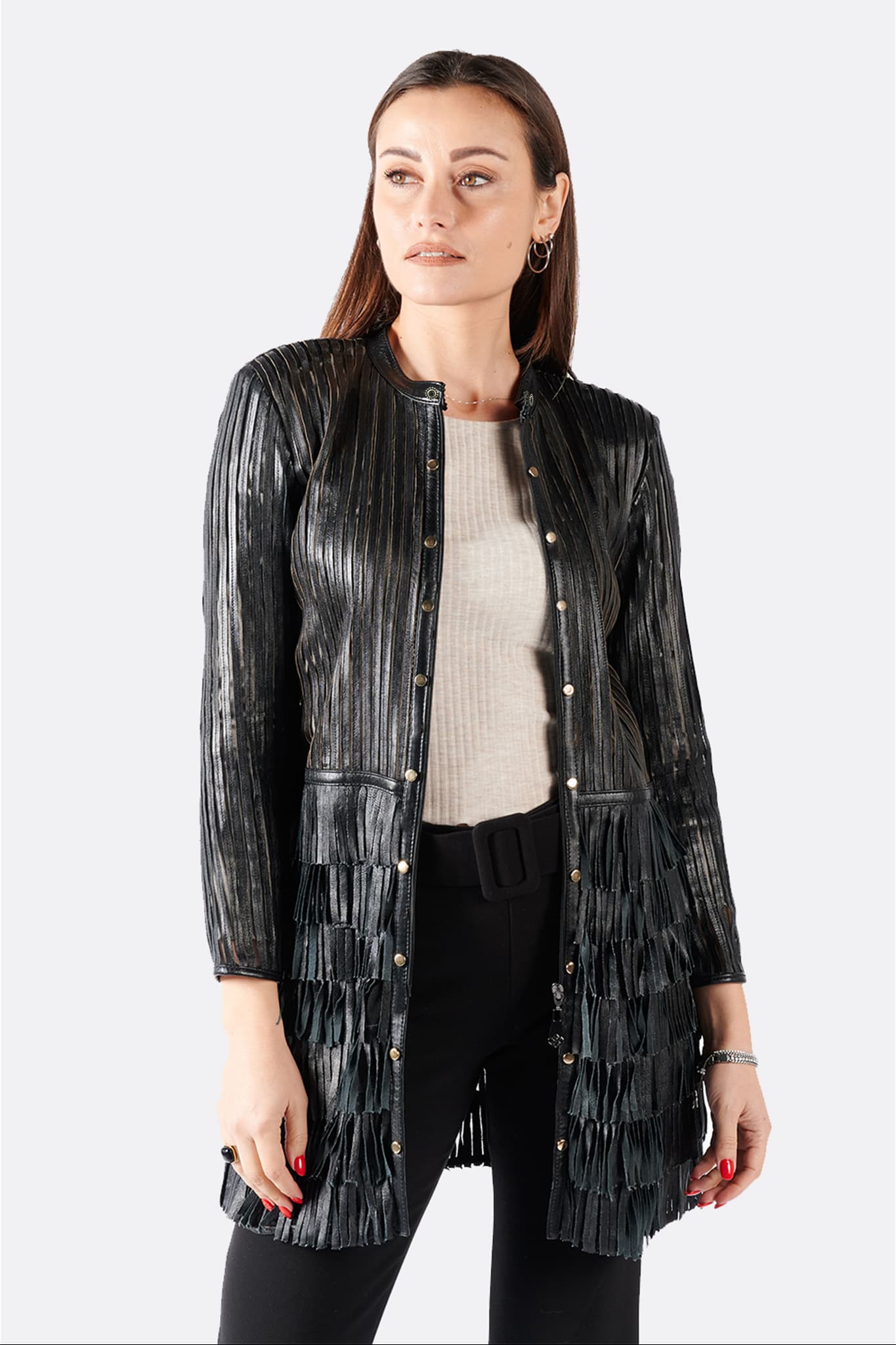 Fringed Jacket with Studs and Zip donna Barone firenze - 5