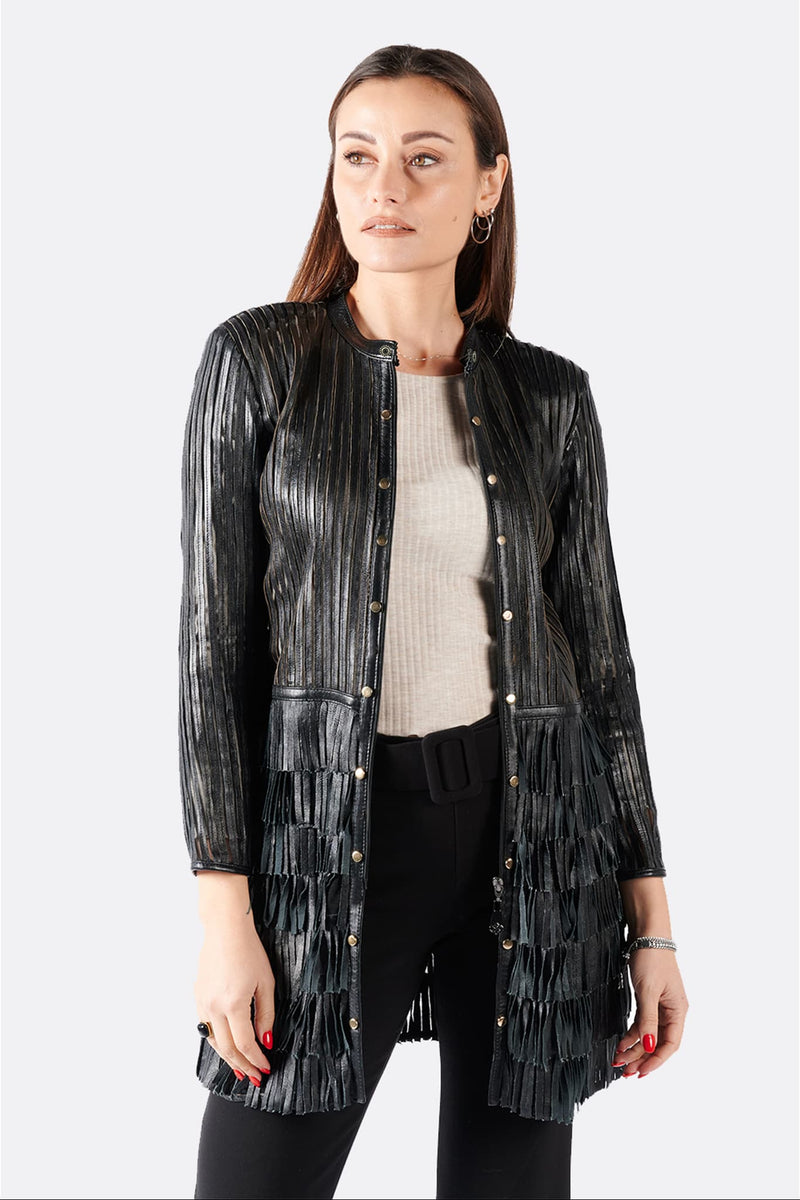 Fringed Jacket with Studs and Zip donna Barone firenze - 5