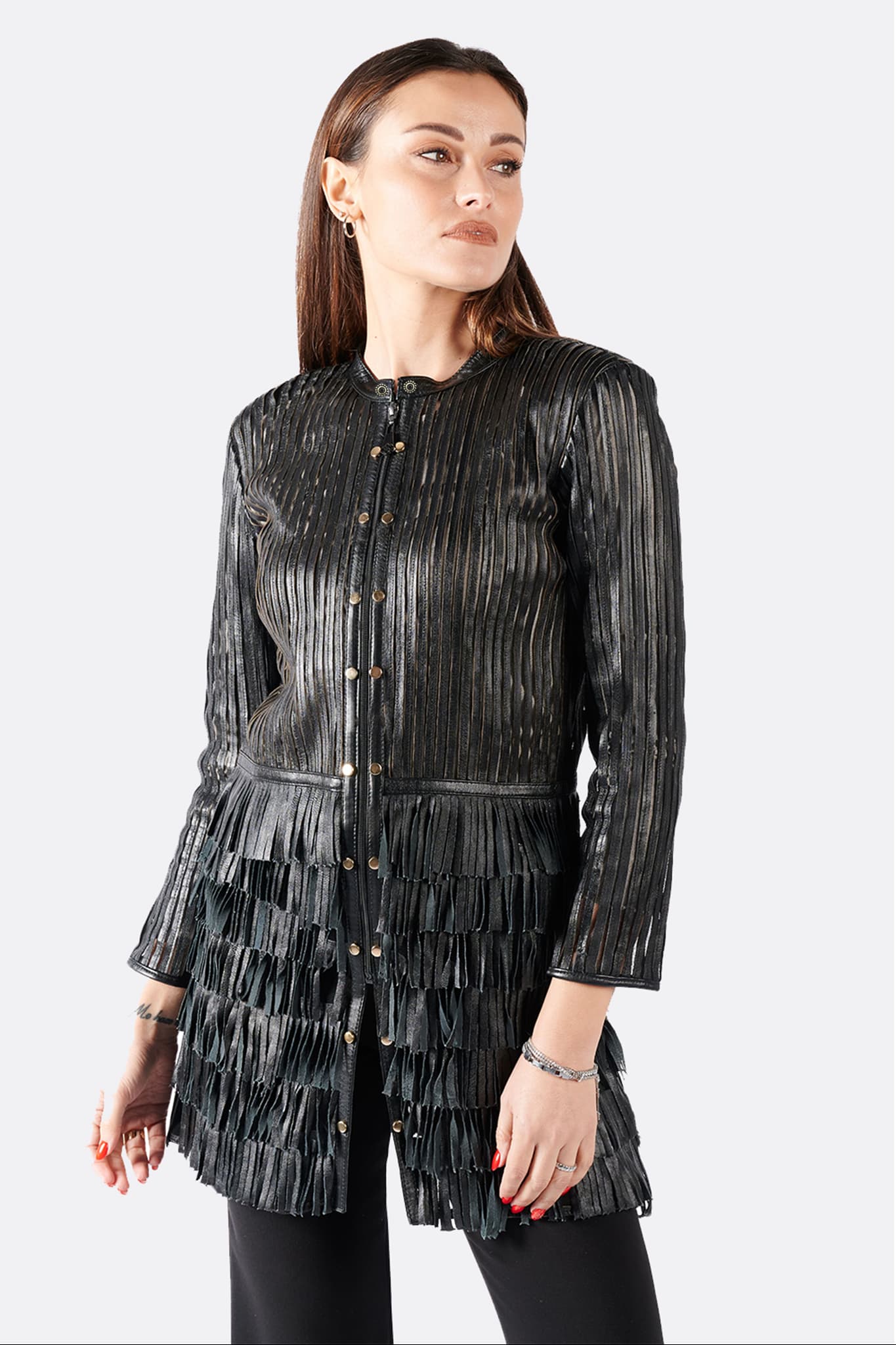 Fringed Jacket with Studs and Zip donna Barone firenze - 4