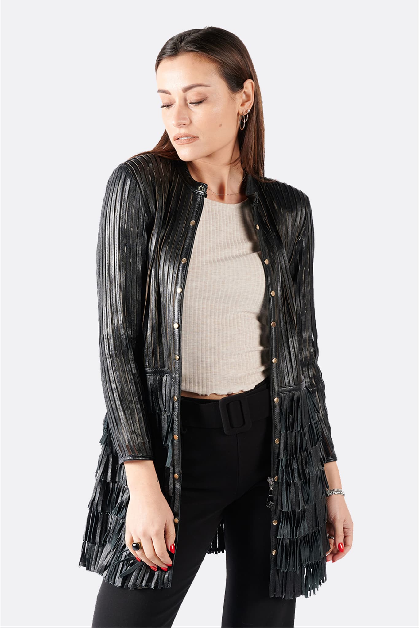 Fringed Jacket with Studs and Zip donna Barone firenze - 1