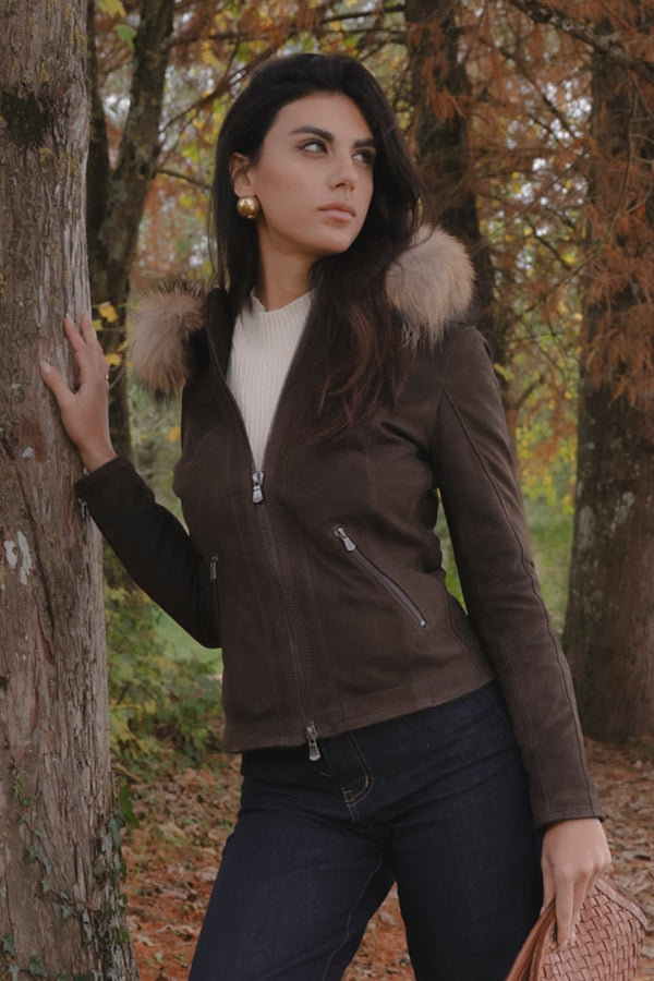 Sofia Oleato with Hood Fur Dark Brown donna Barone firenze