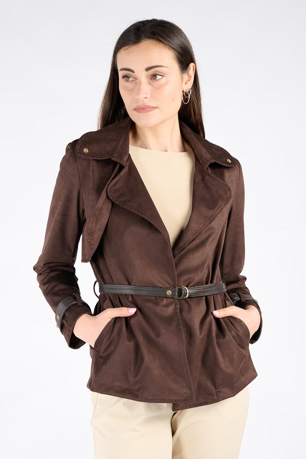 Short Alcantara Trench Coat in Dark Brown woman Barone firenze