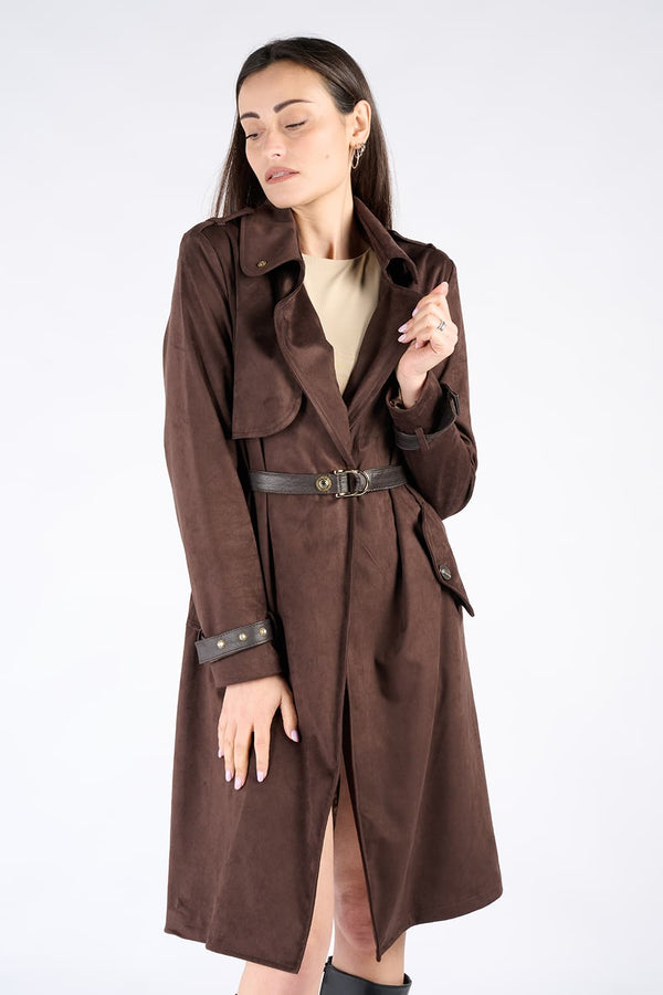 Alcantara Trench Coat in Dark Brown woman Barone firenze